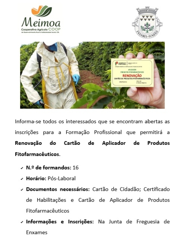 FORMAÇÃO  |  RENOVAÇÃO DO CARTÃO DE APLICAÇÃO DE PRODUTOS FITOFARMACÊUTICOS |  INSCRIÇÕES ABERTAS