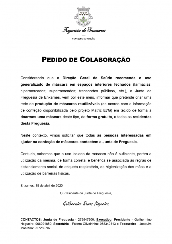 PEDIDO DE COLABORAÇÃO | CONFEÇÃO DE MÁSCARAS REUTILIZÁVEIS