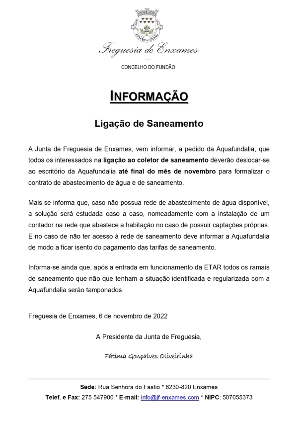 Informação | Pedido de Ligação de Saneamento
