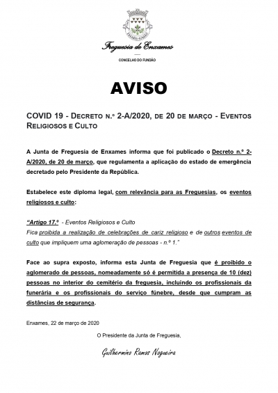AVISO | COVID 19 | EVENTOS RELIGIOSOS E CULTO