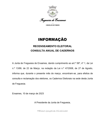 INFORMAÇÃO | RECENSEAMENTO ELEITORAL - CONSULTA ANUAL DE CADERNOS