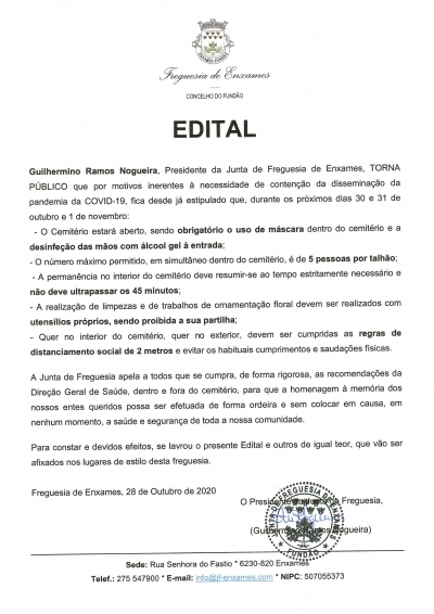 EDITAL - Visitas ao Cemitério (de 30 de Outubro a 01 de Novembro)