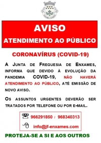 AVISO - SUSPENSÃO DO ATENDIMENTO AO PÚBLICO | FREGUESIA DE ENXAMES